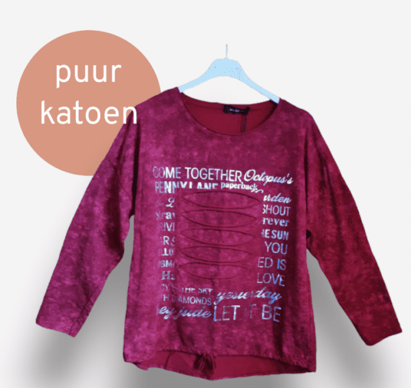 Katoenen top met lange mouwen en koord onder in - ronde hals - BORDEAUX kleur maat 40/42