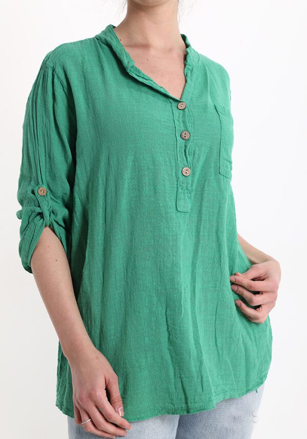 Katoen en linnen blouse - luchtige grove stof - opgerolde mouwen - knoppen - kleur GROEN - maat 40