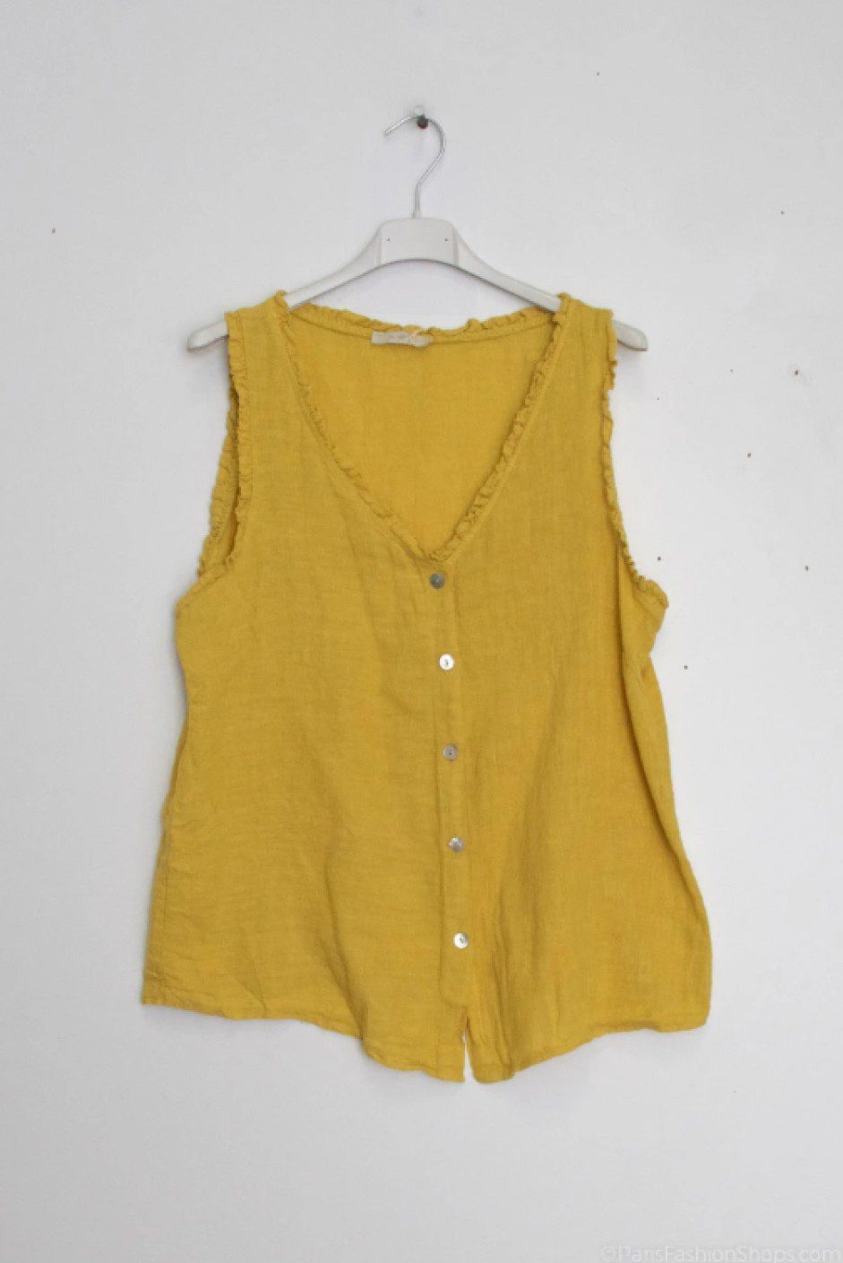 Mouwloze linnen blouse met V-hals - zomer luchtige geknopte topje GEEL - maat M