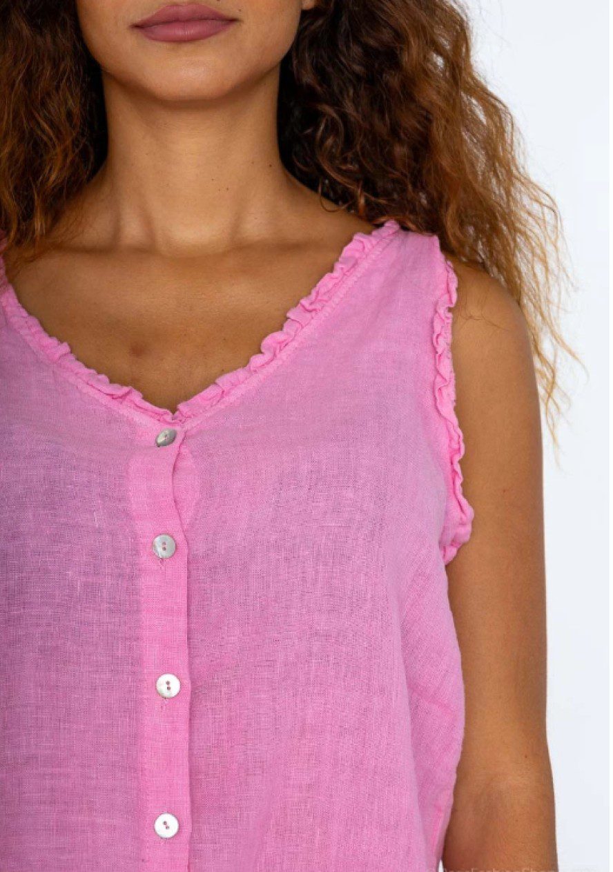 Mouwloze linnen blouse met V-hals - zomer luchtige geknopte topje ROZE - maat M - Afbeelding 3