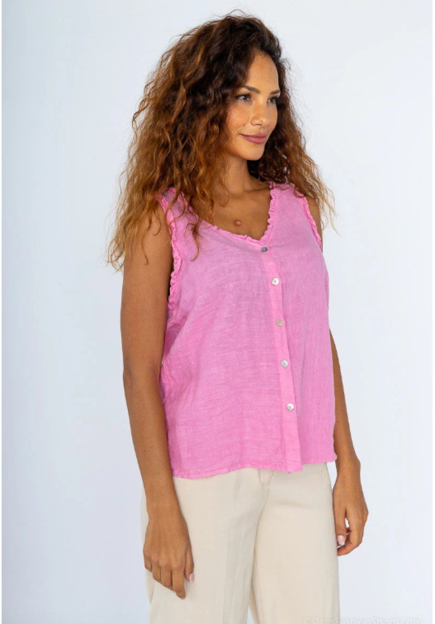 Mouwloze linnen blouse met V-hals - zomer luchtige geknopte topje GEEL - maat M - Afbeelding 3
