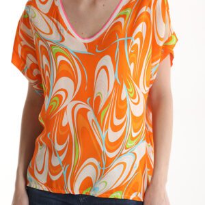 Franse mode zomer top met v-hals en korte mouw kleur ORANJE, maat 40/42