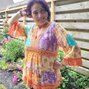 Boho vintage tuniek met kant, brede mouwen, Franse mode, kleur ORANJE Maat 40