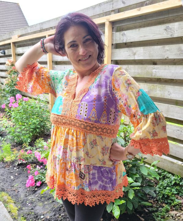 Boho vintage tuniek met kant, brede mouwen, Franse mode, kleur ORANJE Maat 40 - Afbeelding 2