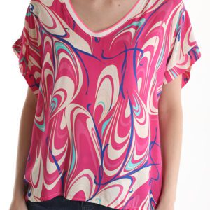Franse mode zomer top met v-hals en korte mouw kleur ROZE, maat 40/42