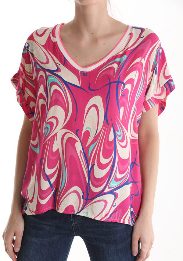 Franse mode zomer top met v-hals en korte mouw kleur ROZE, maat 40/42
