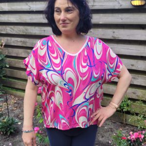 Franse mode zomer top met v-hals en korte mouw kleur ROZE, maat 40/42