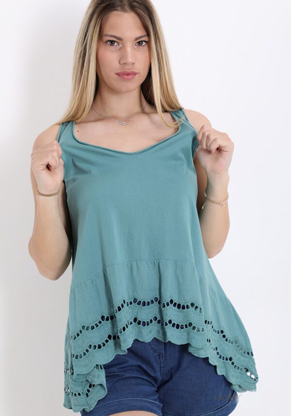 Mouwloze zomer tanktop in GROEN kleur, van katoen en katoenen kant maat 40/42