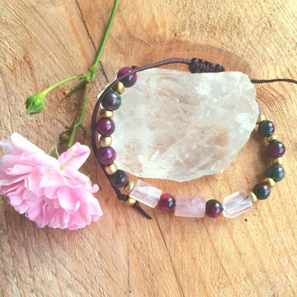 Handgemaakte dames edelsteen armband - boho style - toermalijn jade - rozenkwarts - Afbeelding 3