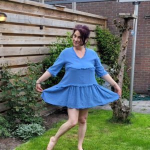 Katoenen boho tuniek aan lagen met v-hals en korte mouwen BLAUW maat 40/42