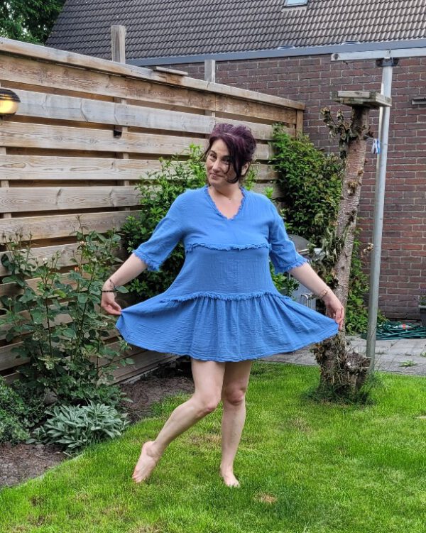 Katoenen boho tuniek aan lagen met v-hals en korte mouwen BLAUW maat 40/42