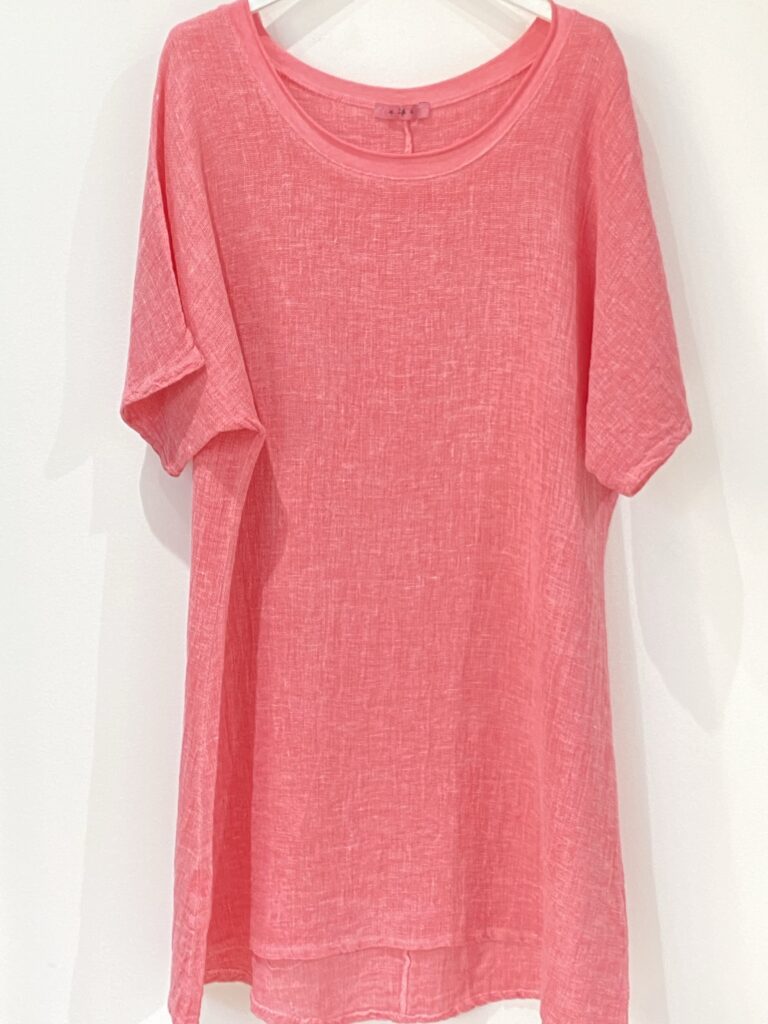 Luchtige linnen mix jurk/tuniek – kleur KORAAL – korte raglan mouwen – loze korte jurkje 38/40