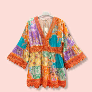 Boho vintage tuniek met kant, brede mouwen, Franse mode, kleur ORANJE Maat 40