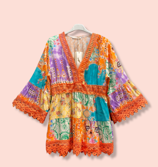 Boho vintage tuniek met kant, brede mouwen, Franse mode, kleur ORANJE Maat 40
