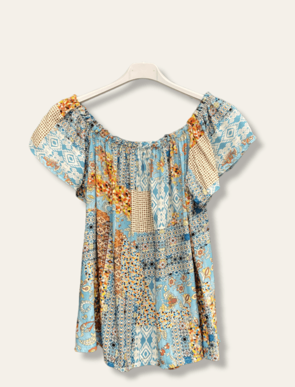 Luchtige zomer topje met elastische decolleté open schouders TURQUOISE kleur maat 42
