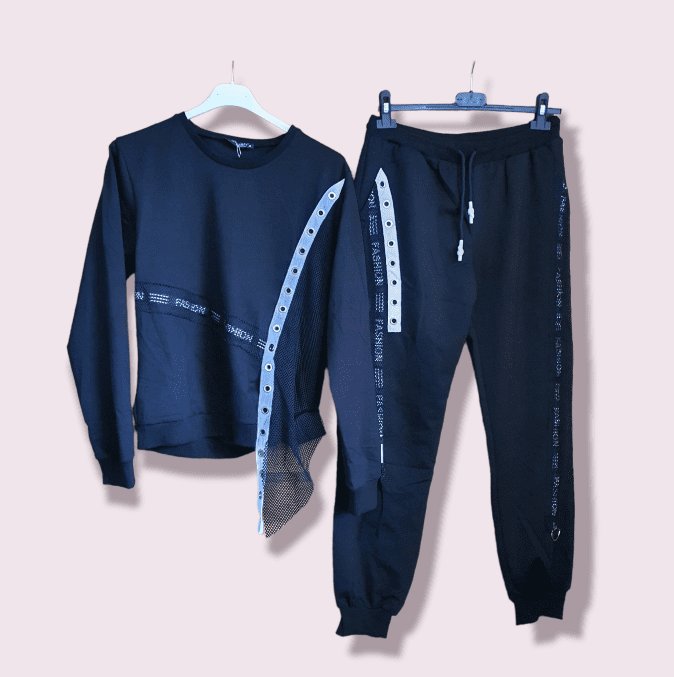 Sport pak voor dames met sporttop en lange broek - decoratie in ZWART kleur - maat 38/40