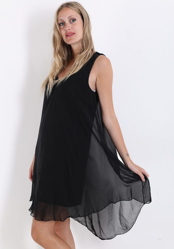 Elegante satijnen jurk met v-hals en mouwloos, Maat 38/40 ZWART