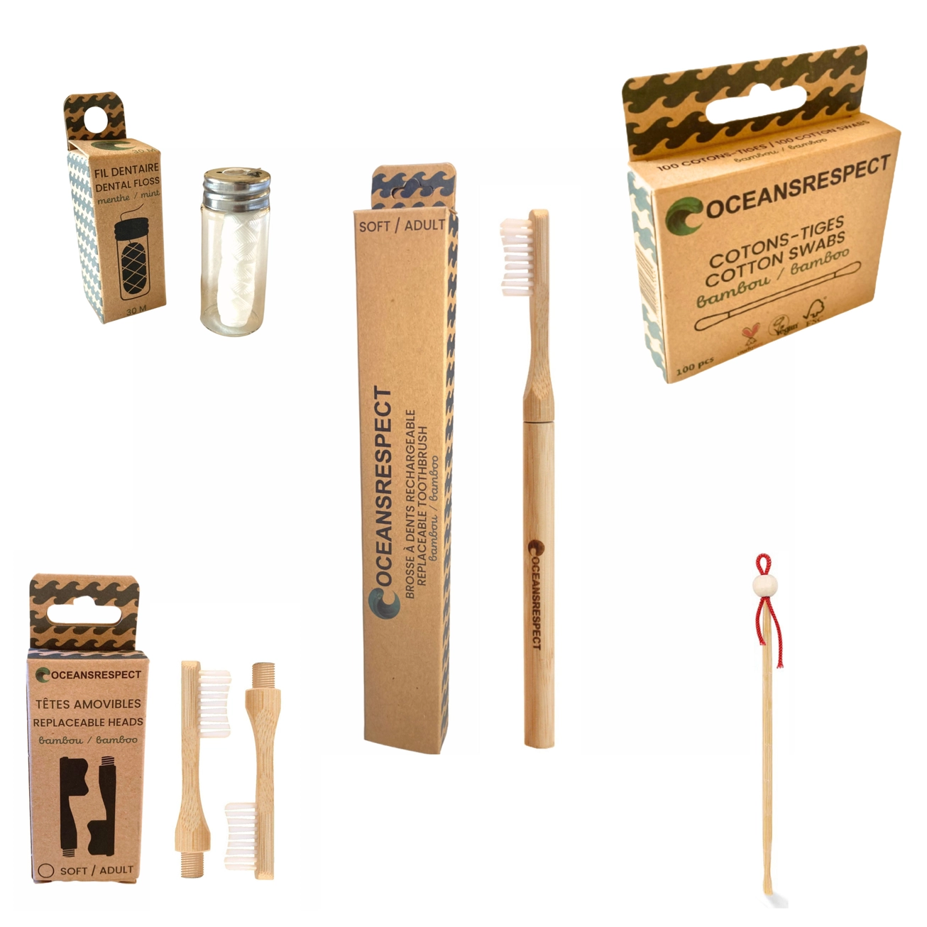 Set van 5 producten Duurzaam bamboe Zero waste- tandborstel met verwisselbare koppen - oor reiniger - tandzijde van maïsvezel 5 stuks