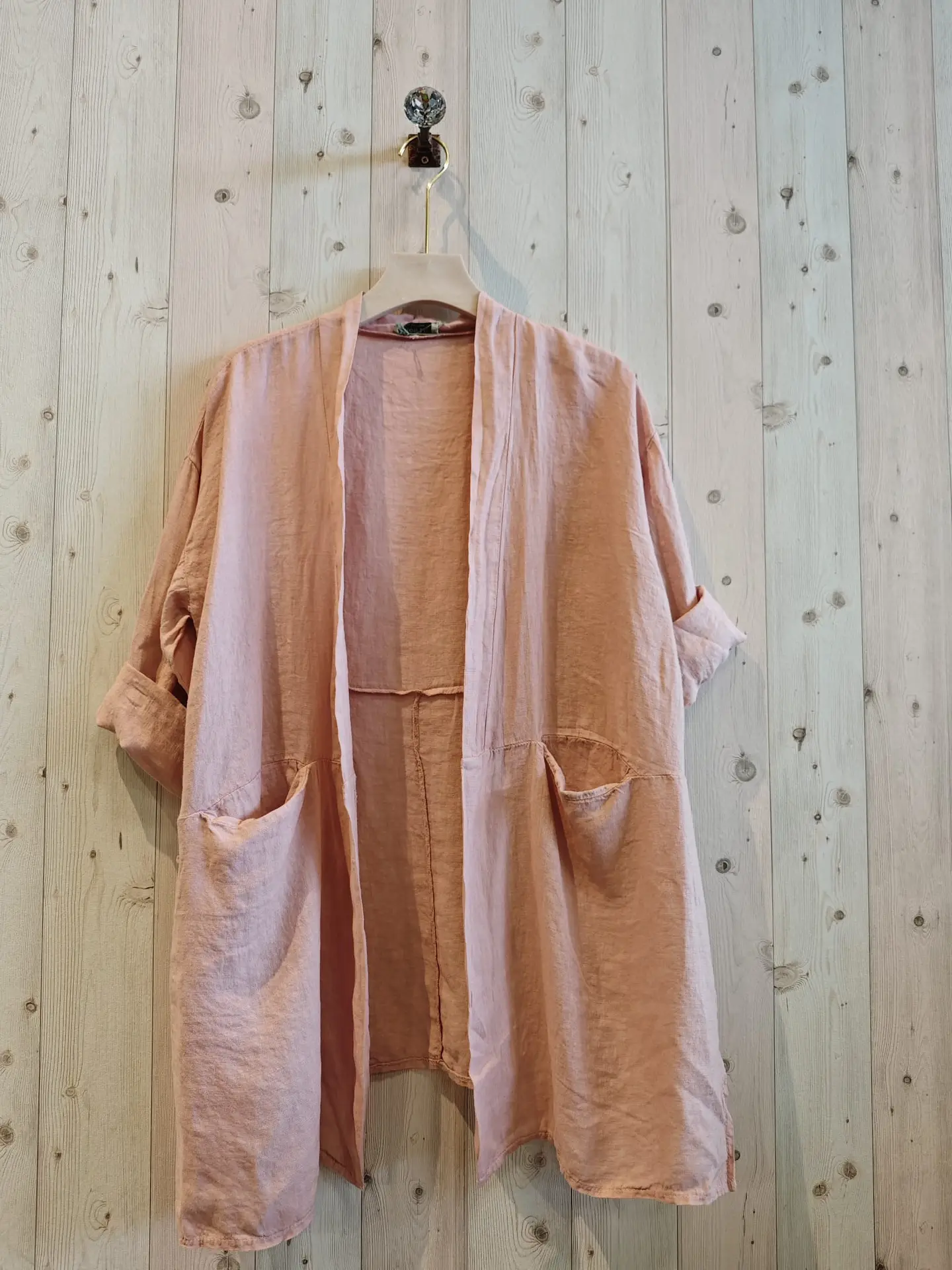 Linnen zomer vest met 7/8 mouwen - ROZE kleur - half lang - steek voorzakken maat 40/42