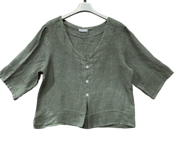 Linnen korte top - 7/8 mouwen - v-hals - knoppen - kleur MILITAIR GROEN - maat 42/44