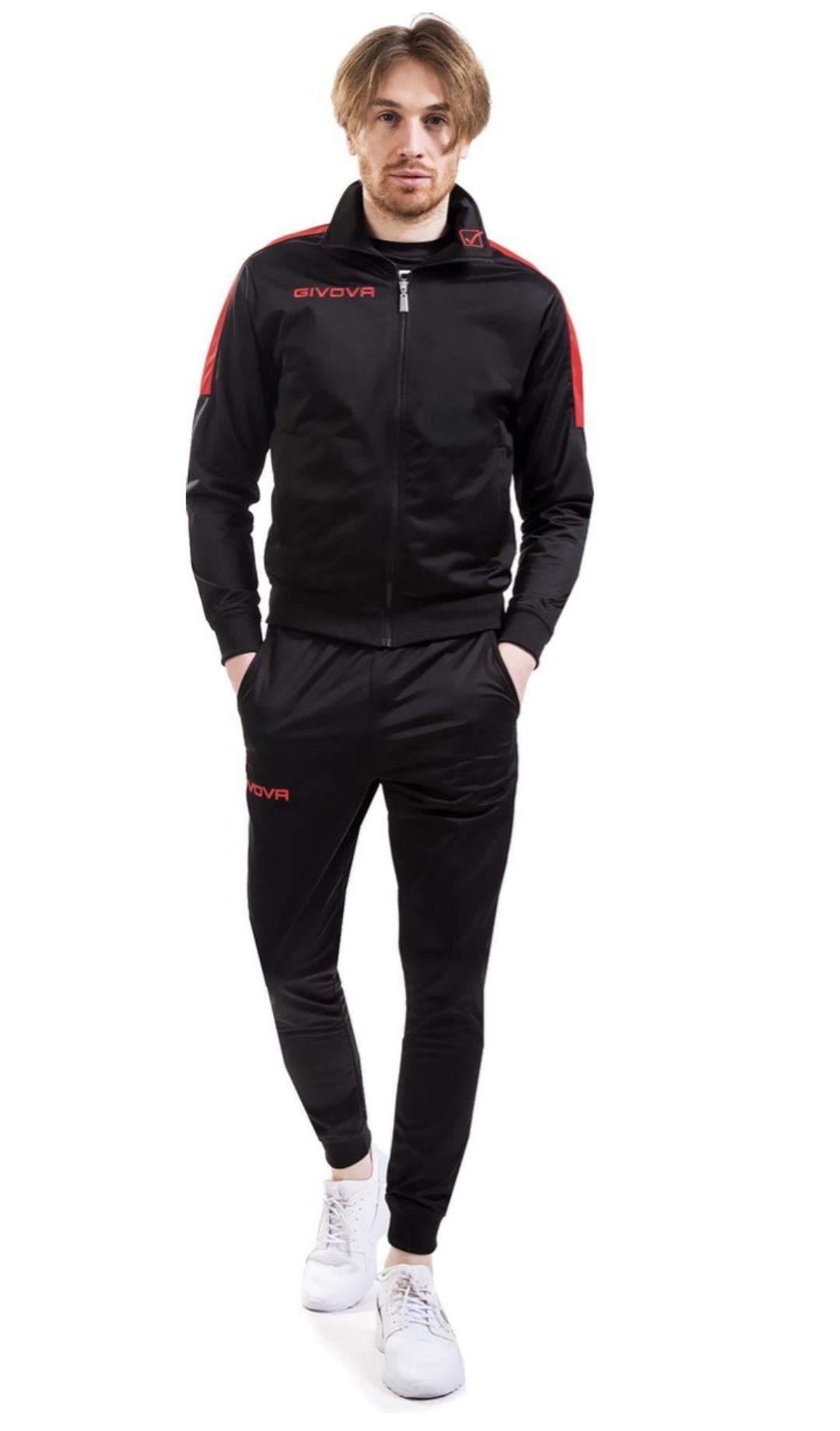 Givova sport training pak met vest en rits - broek met zijzakken, in ZWART ROOD kleur - maat XL