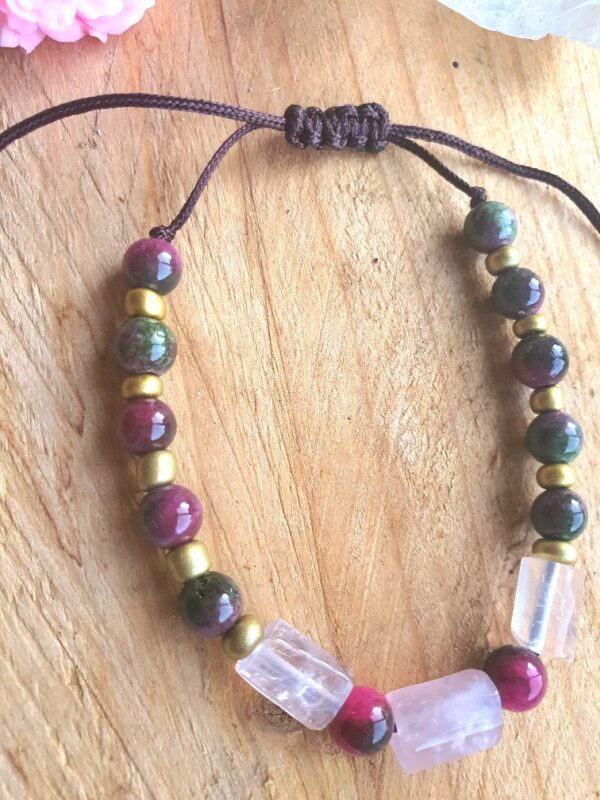 Handgemaakte dames edelsteen armband - boho style - toermalijn jade - rozenkwarts - Afbeelding 2