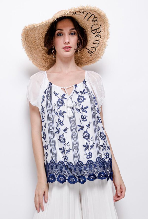 Mooi zijde top blouse korte mouwen, broderie en voering in WIT, maat 40/42