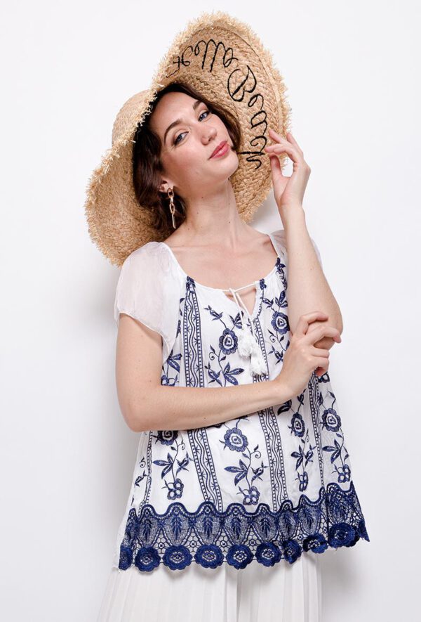 Mooi zijde top blouse korte mouwen, broderie en voering in WIT, maat 40/42 - Afbeelding 3