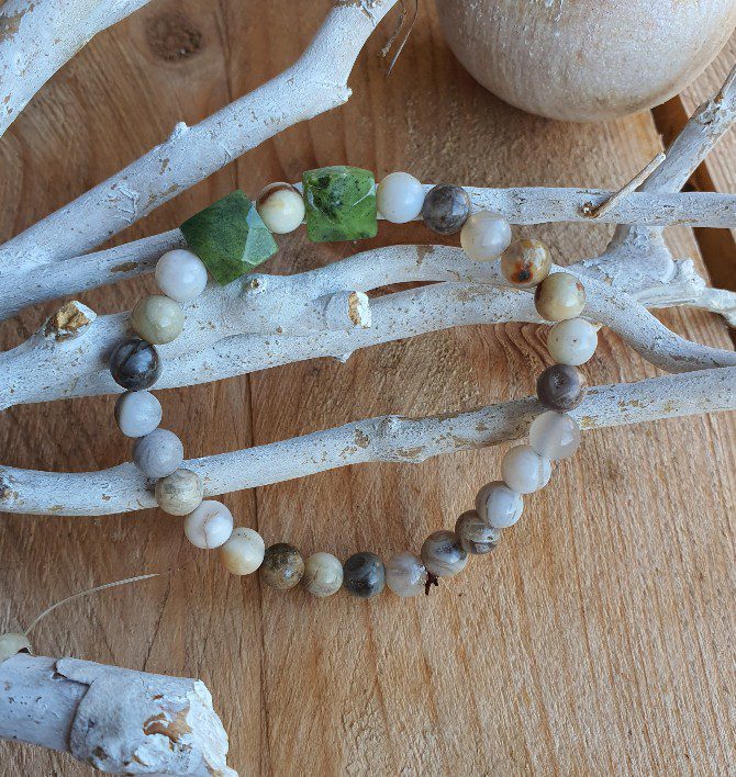 Handgemaakte edelsteen armband van Zebra Jaspis en Canadese Jade