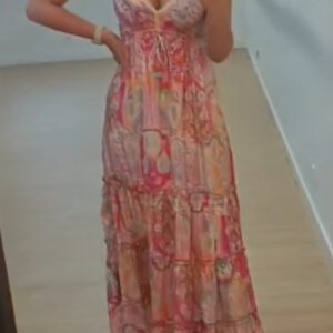 Boho vintage maxi jurk ik prachtige kleuren met elastische hoge talie en volants maat 38