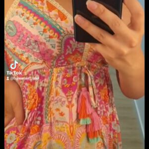 Boho vintage maxi jurk ik prachtige kleuren met elastische hoge talie en volants maat 38