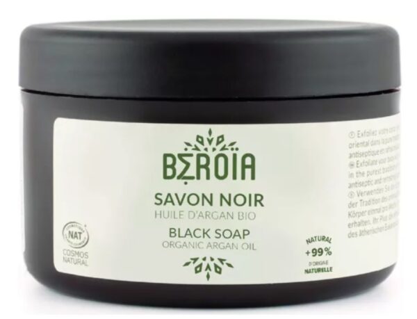 Cosmos gecertificeerd Biologisch Zwarte zeep met biologische arganolie – Bodyscrub – zuivert en regenereert de huid180gr - Afbeelding 3